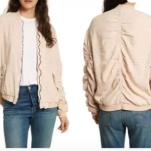 Free people ruched linen Jacket Coat Zippered Pink /Tan